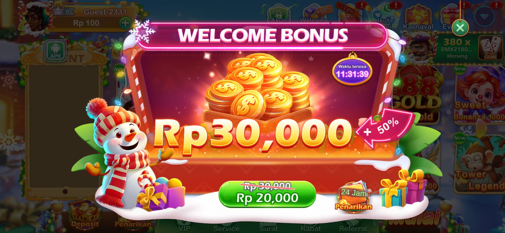 Bonus selamat datang K3K3 2 4 4911 O dengan diskon spesial untuk pengguna baru.